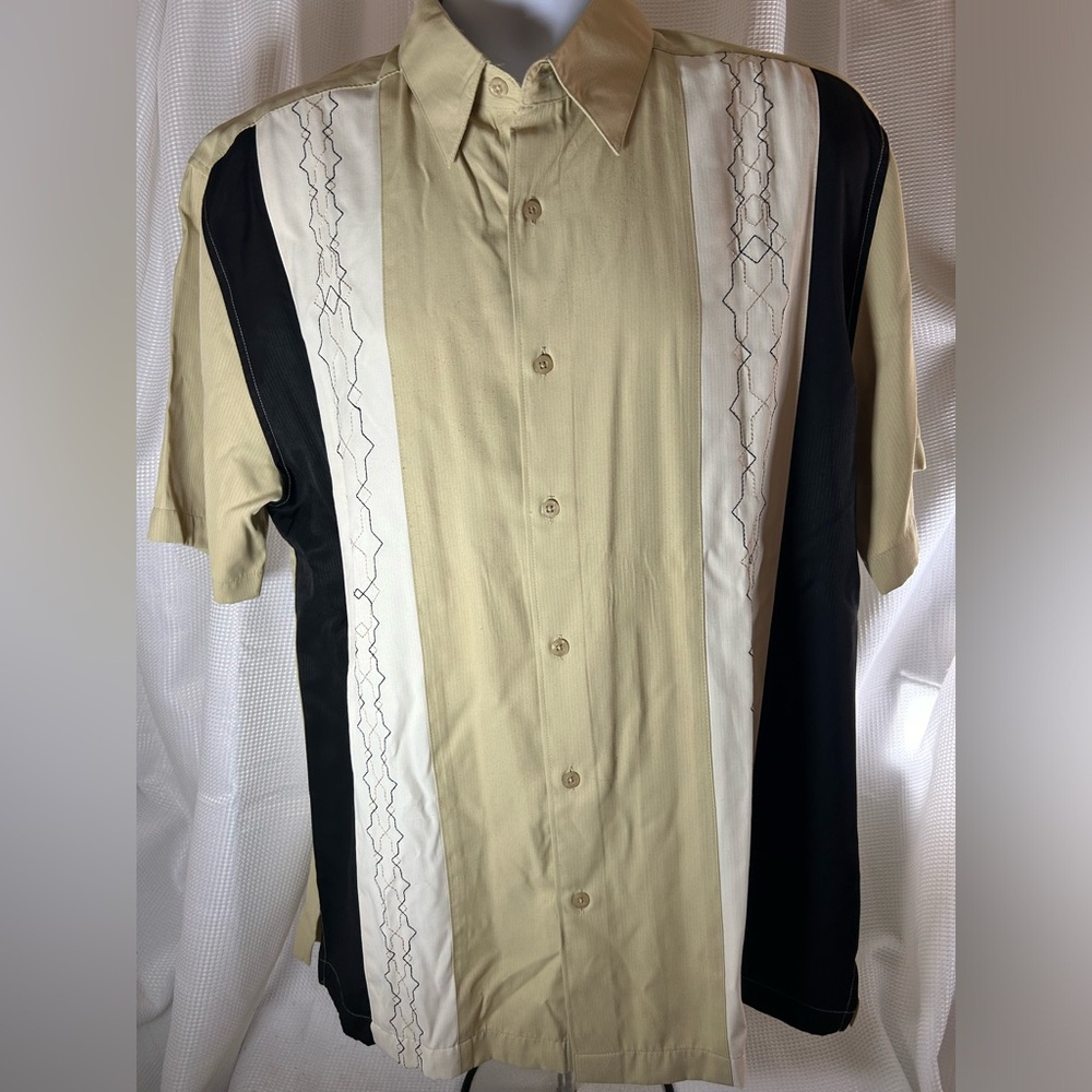 Vintage The Havanera Co men’s Short sleeve, button-down shirt, black, and tan